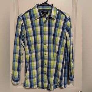 Apt 9 Mens 16 32/33 Stretch Slim Fit Green Blue Plaid Long Sleeve